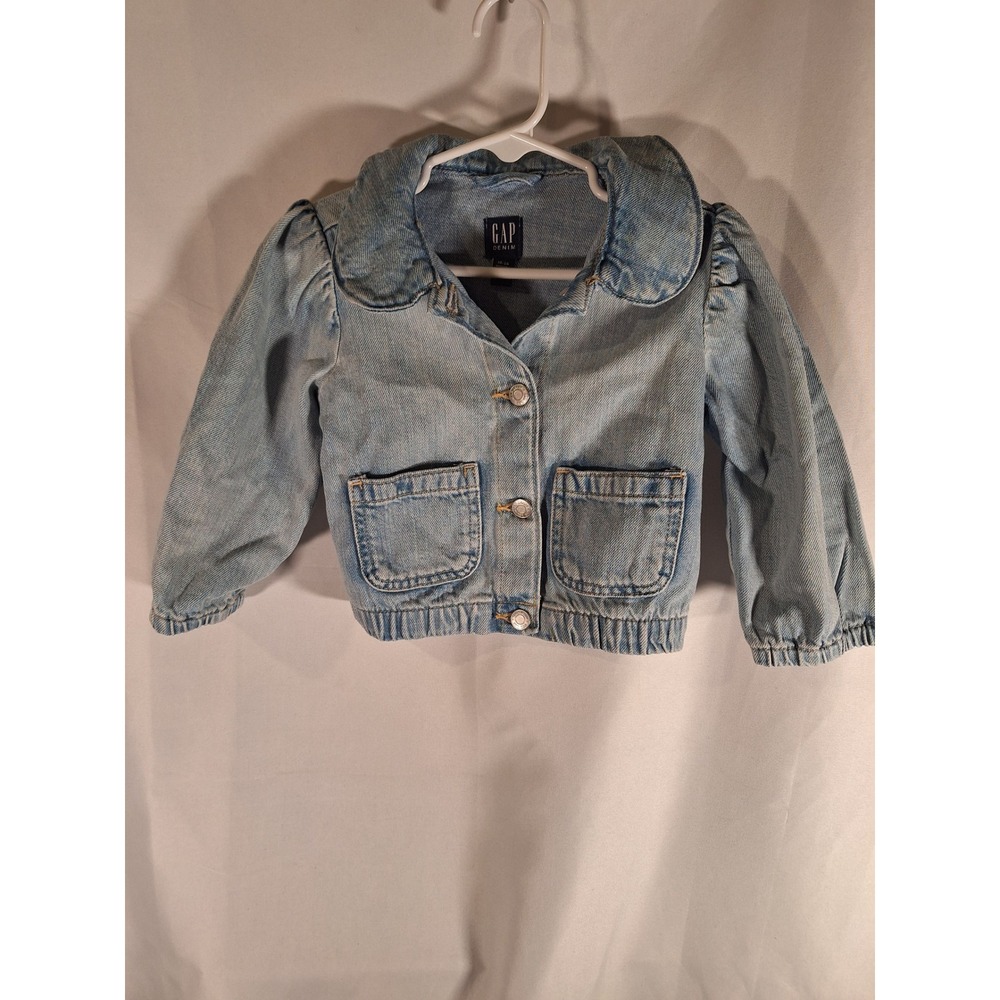 GAP Denim Baby Girls Light Wash Peter Pan Collar Puff Sleeve Jacket 18-24 Months